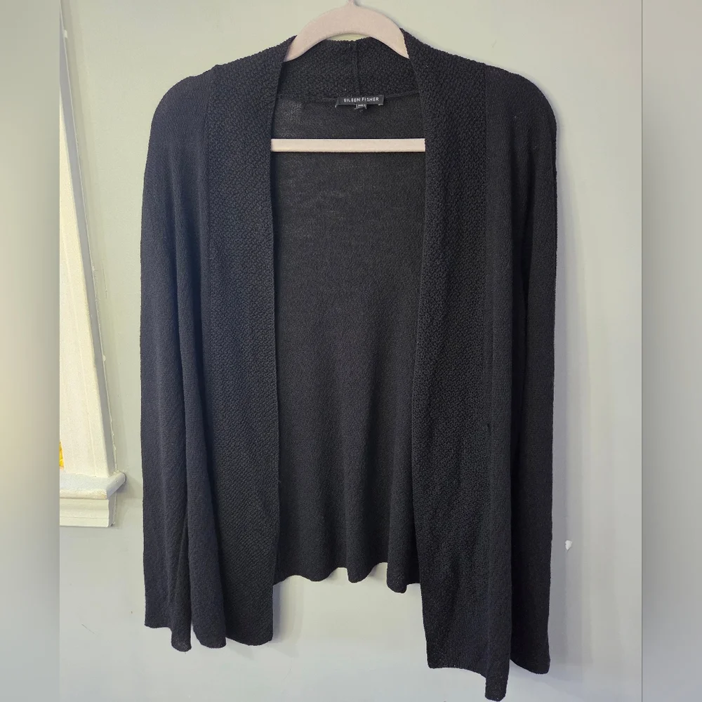 Eileen Fisher 100% Wool Black Open Front Cardigan Minimalist Classic *Flaw Large - Picture 2 of 9